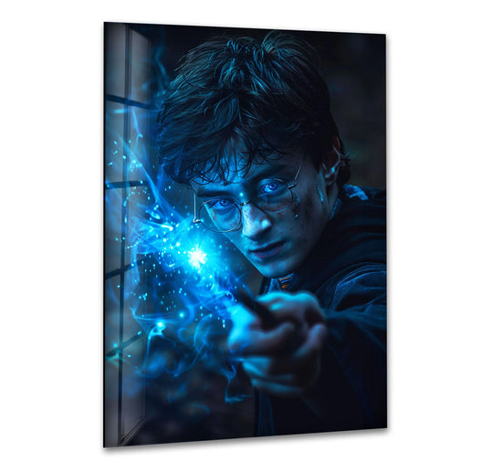 Intense color saturation highlights the bright, glowing light energy within this blue magic portrait print wall art, contrasted against dark shadows for a cinematic effect.