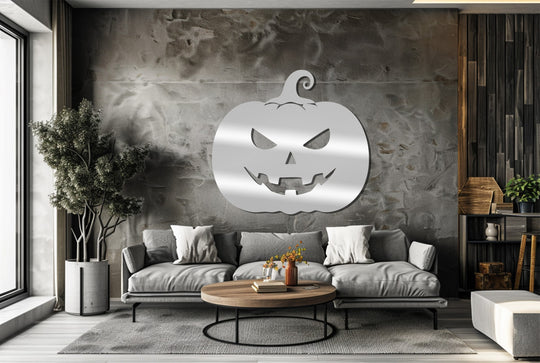 The stillness of the room is punctuated by the gleaming Jack-O’Gleam Halloween pumpkin metal wall decor, creating a hauntingly beautiful focal point.