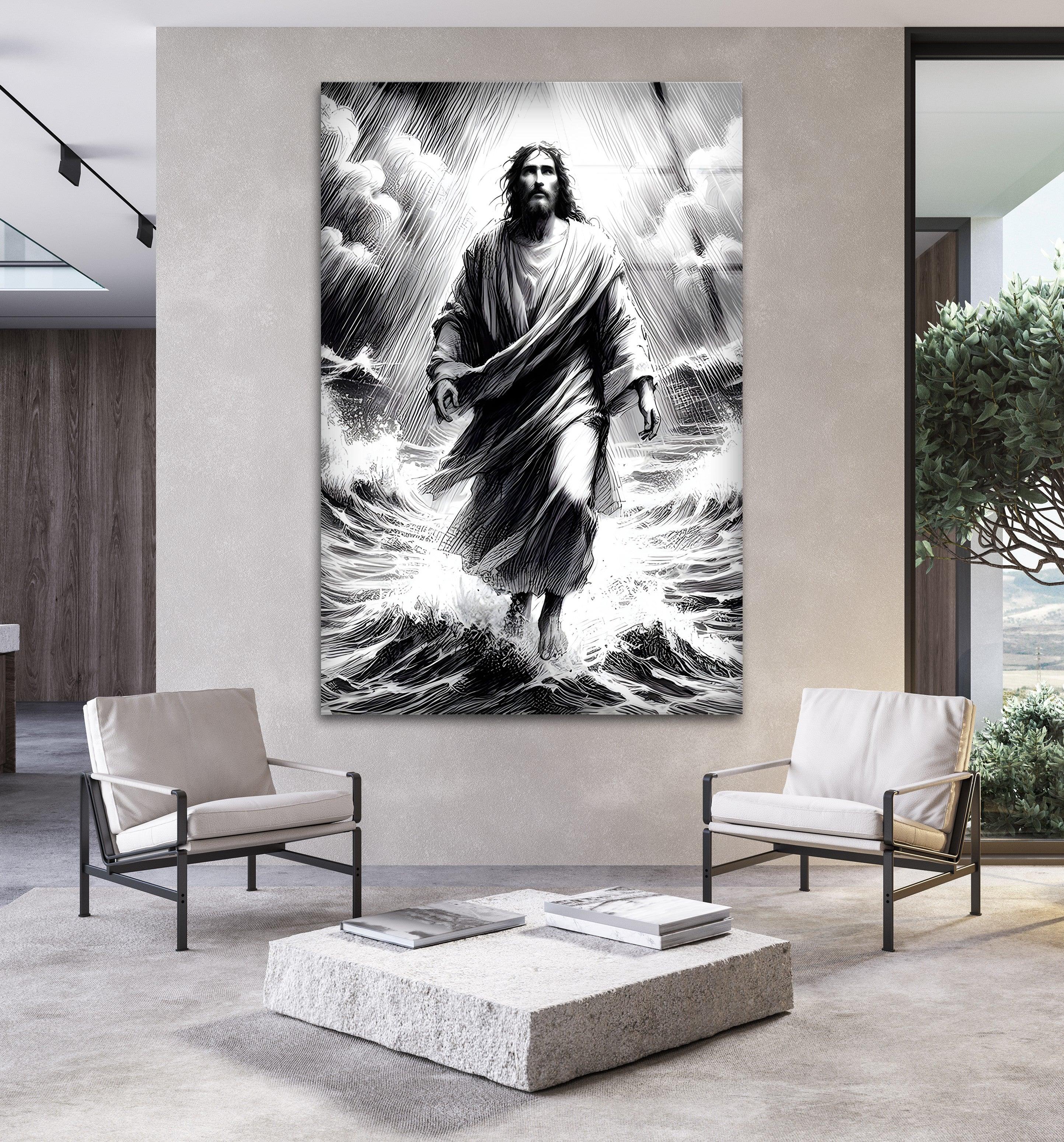 Jesus Walking on Water Glass Wall Art - Black and White Christian