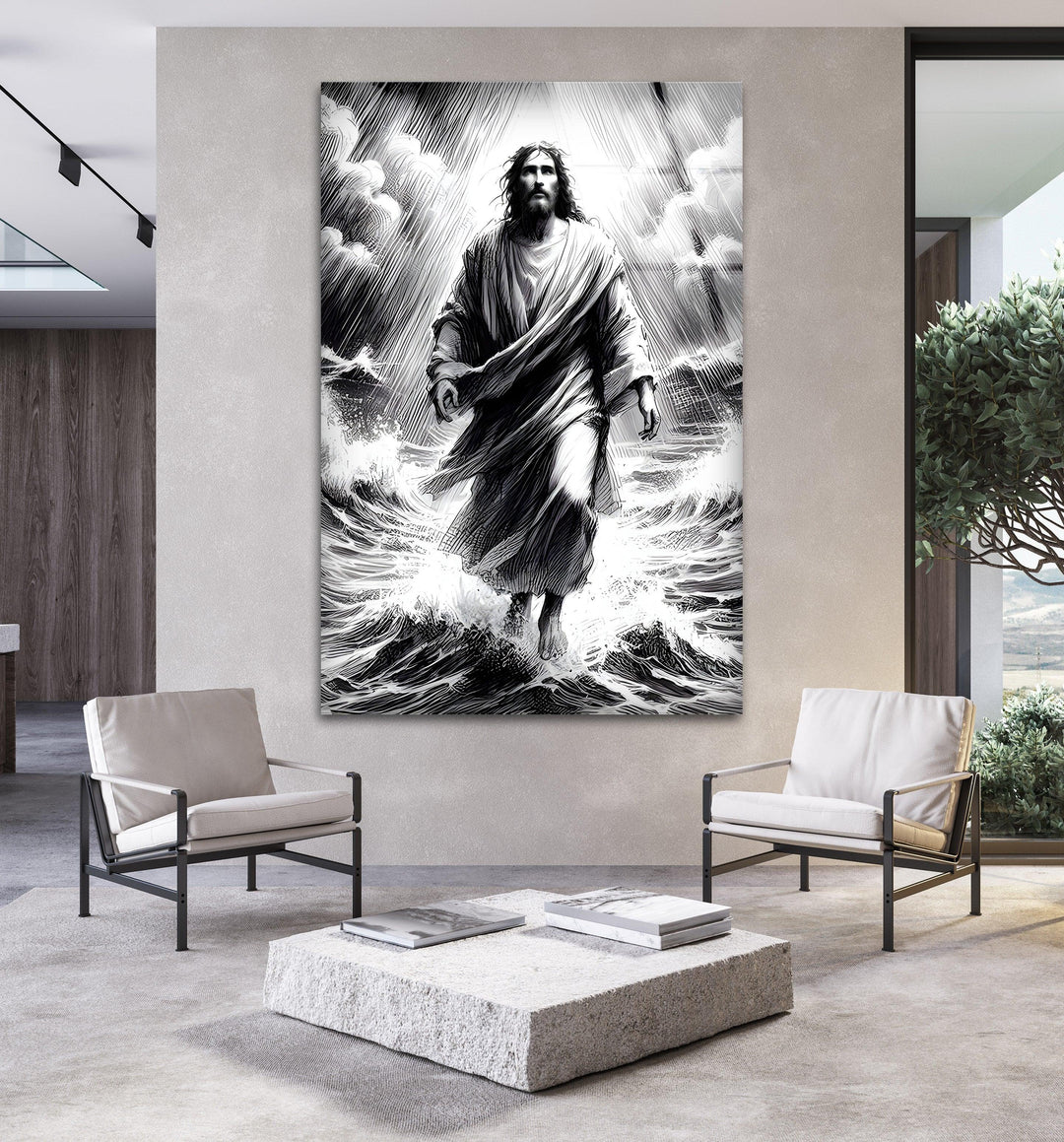 Jesus walking on the sea in glowing monochrome light printed on tempered glass wall art.