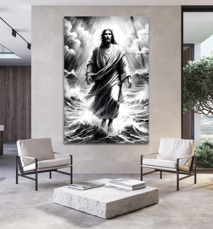 Jesus walking on the sea in glowing monochrome light printed on tempered glass wall art.