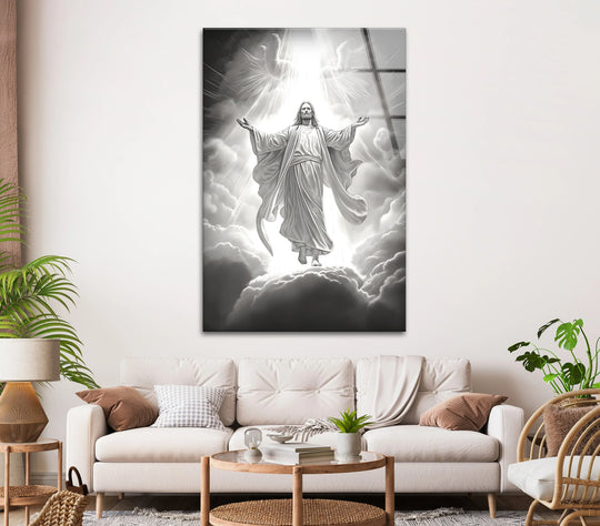 Religion glass wall art featuring black and white Christ in Heaven art and Divine Ascension spiritual wall decor reflecting heavenly light