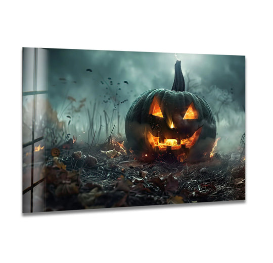 A carved Halloween pumpkin glows ominously with fiery light and deep shadows, enhancing this spooky home decoration glass wall art.