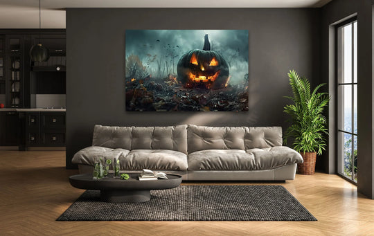 An abstract quality of an illuminated jack-o'-lantern emerges from a dark, misty scene, rendered as captivating art from glass.