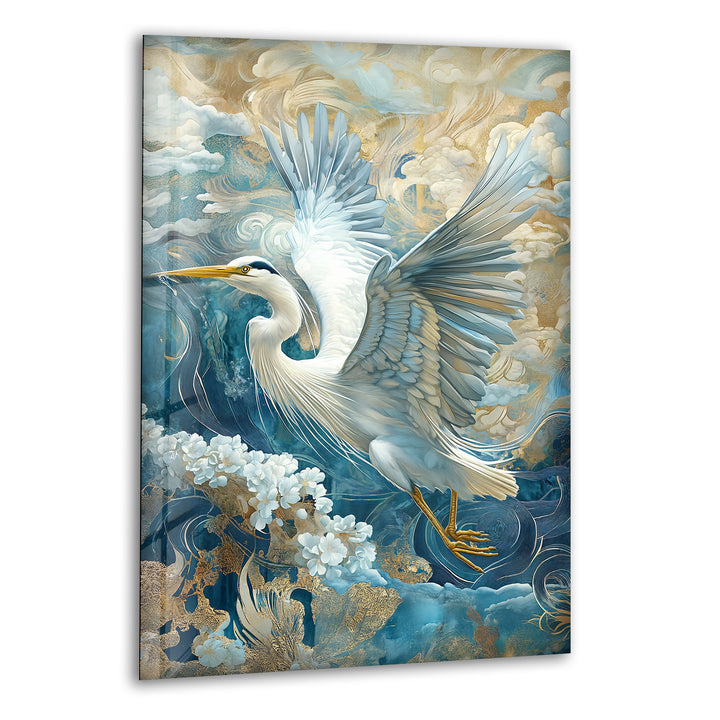 Celestial Flight – Verzierter Reiher mit Gold- und Blumenmotiven aus Glas