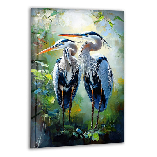 Forest Pair – Twin Herons in Verdant Harmony Glass Wall Art - MyPhotoStation