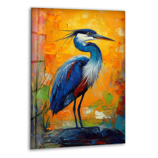 Vibrant Majesty – Abstract Heron in Bold Colors Glass Wall Art - MyPhotoStation