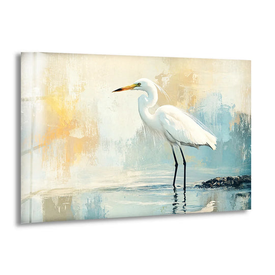 A striking white egret stands in tranquil water, contrasting with the soft, painterly blues and yellows of this stunning glass art.