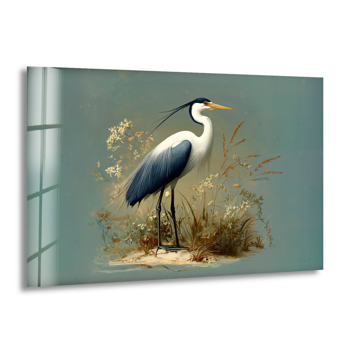 Quiet Bloom – Eleganter Reiher mit Wildblumen, Glaswandkunst