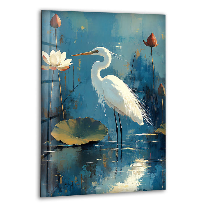 Lotus Grace – Wandbild aus Glas mit weißem Reiher und Seerose