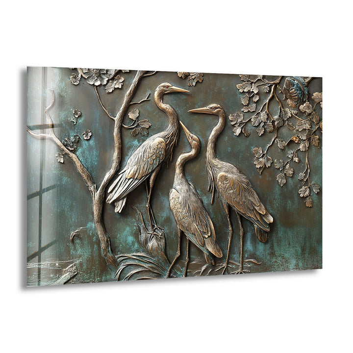 Verdigris Harmony – Bronze Crane Trio Glass Wall Art