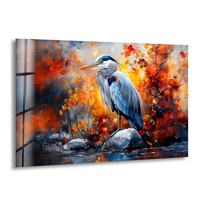 Herbstmajestät – Reiher im feurigen Laub Glaswandkunst