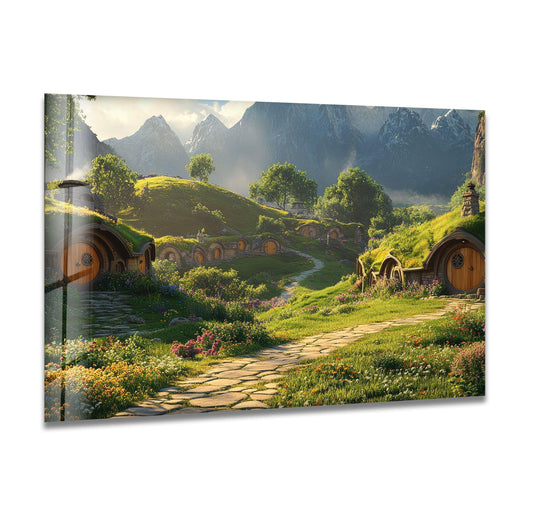 Winding stone paths and grassy roofs accentuate the organic forms of countryside hillside cottages, highlighting decorative wall art within the verdant landscape.
