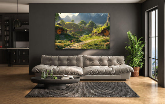 Green dominates this hillside cottage scene, a countryside landscape beautifully captured in a glass wall artwork print with a quaint stone path.