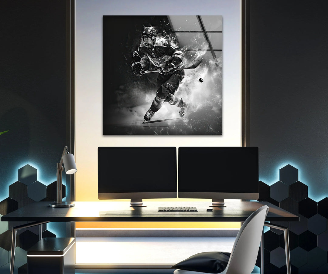 Skater athlete speeding forward with puck in modern wall decor.