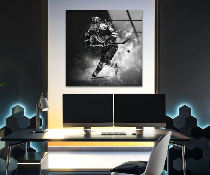 Skater athlete speeding forward with puck in modern wall decor.