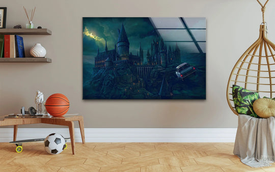 Moonlit castle and cliff scene on glass wall artwork displays a thrilling night adventure with a flying car over a dramatically lit landscape.