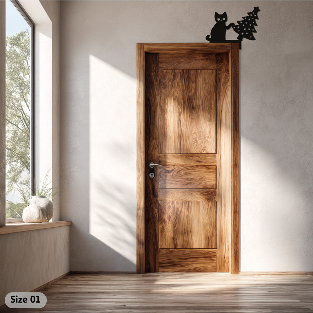 Holiday cat metal wall decoration with Christmas tree design