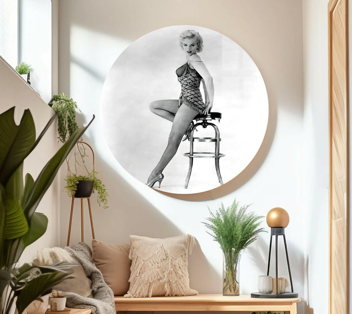 Vintage Marilyn Monroe fashion pose transformed into premium black and white glass wall art.