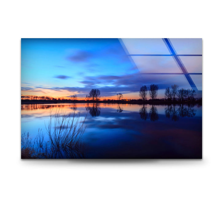 Blue Sunset Lake Wall Art – Serene Landscape Glass Print for Calm and Modern Interiors - MyPhotoStation
