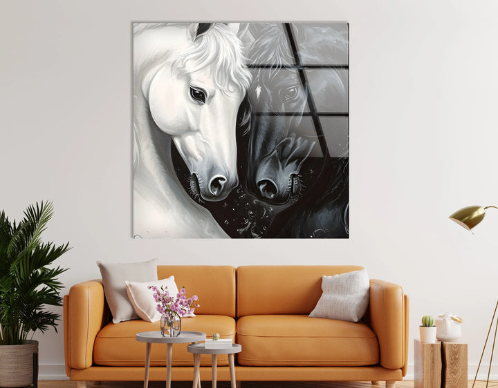 Black and white equine glass art depicting two expressive horses touching foreheads.