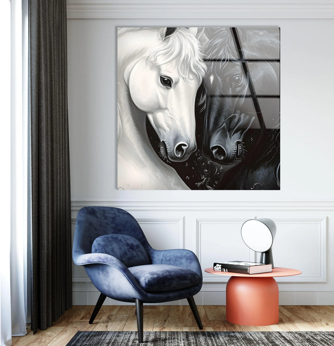 Grayscale horse illustration on tempered glass with high-contrast detailing and smooth textures.