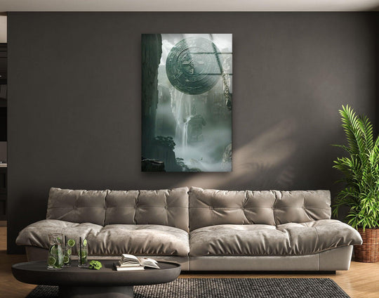 A massive ancient disc appears to spin through a misty, waterfall-filled canyon in this art from glass depiction.