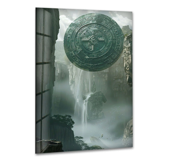 A massive, intricately detailed, teal metal art for wall disc hovers above a misty, waterfall-filled canyon with ancient ruins.