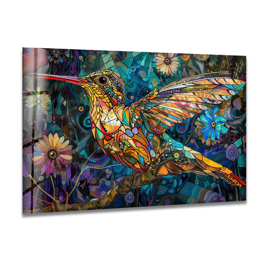 This vibrant blue stained hummingbird is a decorative glass wall art and vivid animal artwork using 8k UV printing and bringing a durable elegant style