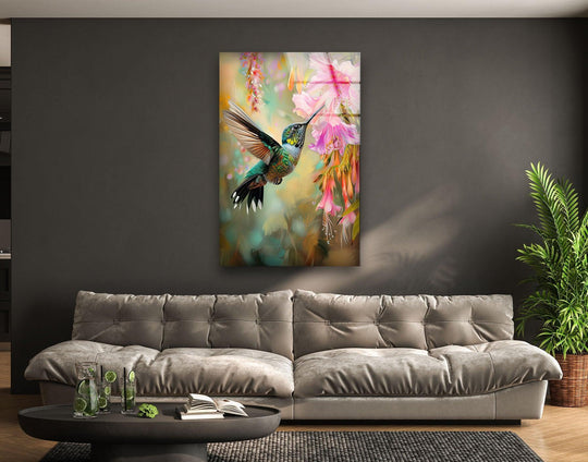 Hummingbird and flower glass wall art with green and pink tones is elegant wall decor and animal print for bird themed art to add timeless beauty to your home