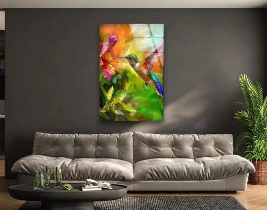 Green hummingbird art is a vertical glass wall art featuring vivid animal paintings and colorful hummingbird decor