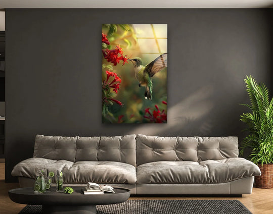 The vertical glass wall art shows a hummingbird and red flowers and is animal art vibrant wall decor tempered for lasting elegance