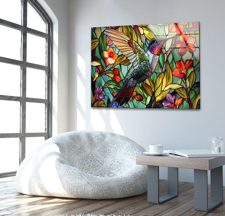 Green Stained Hummingbird Glass Wall Art Glass Printing Wall Art, Print photos on glass
