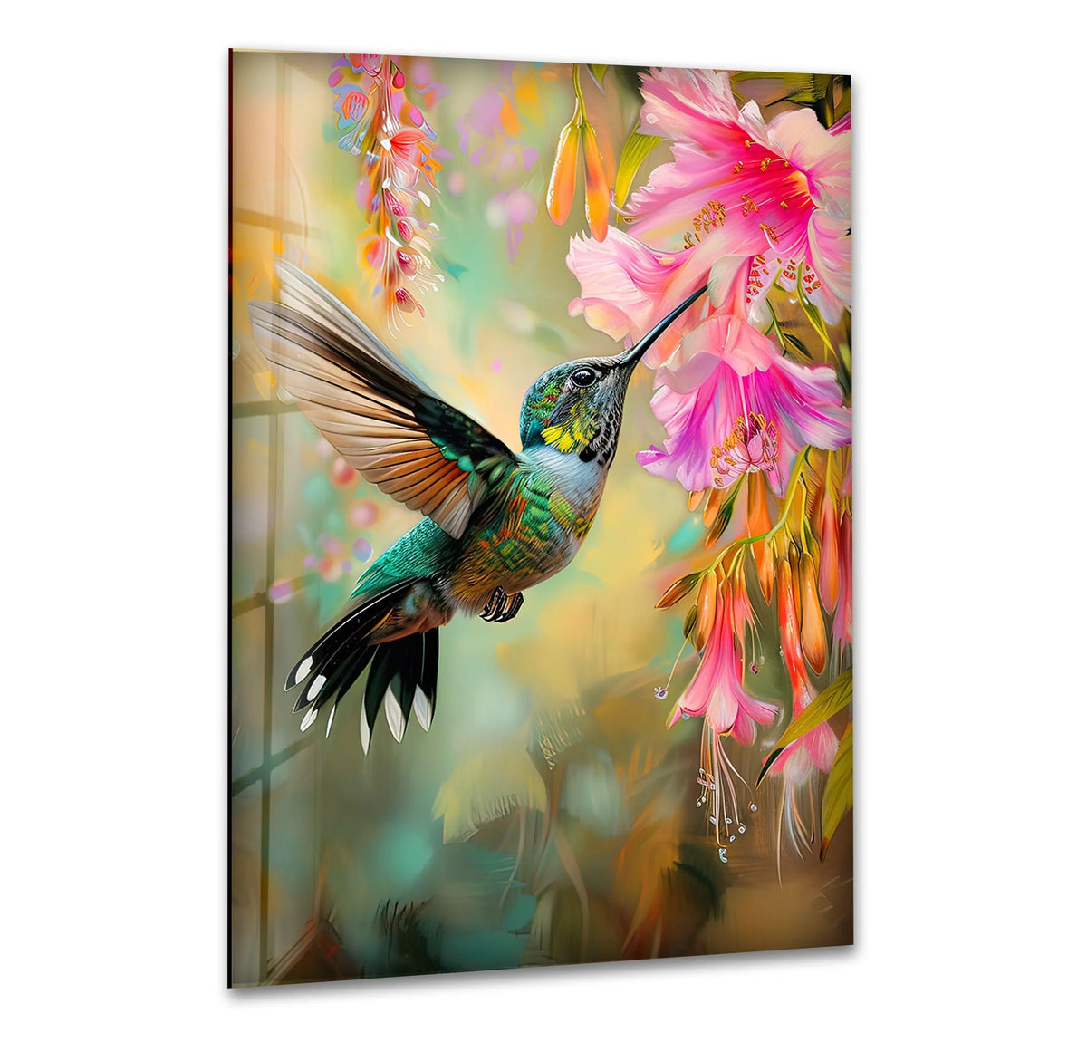 Soft, blurred background in warm tones of yellow, orange, and green complements the stunning hummingbird and flower decorative wall art.