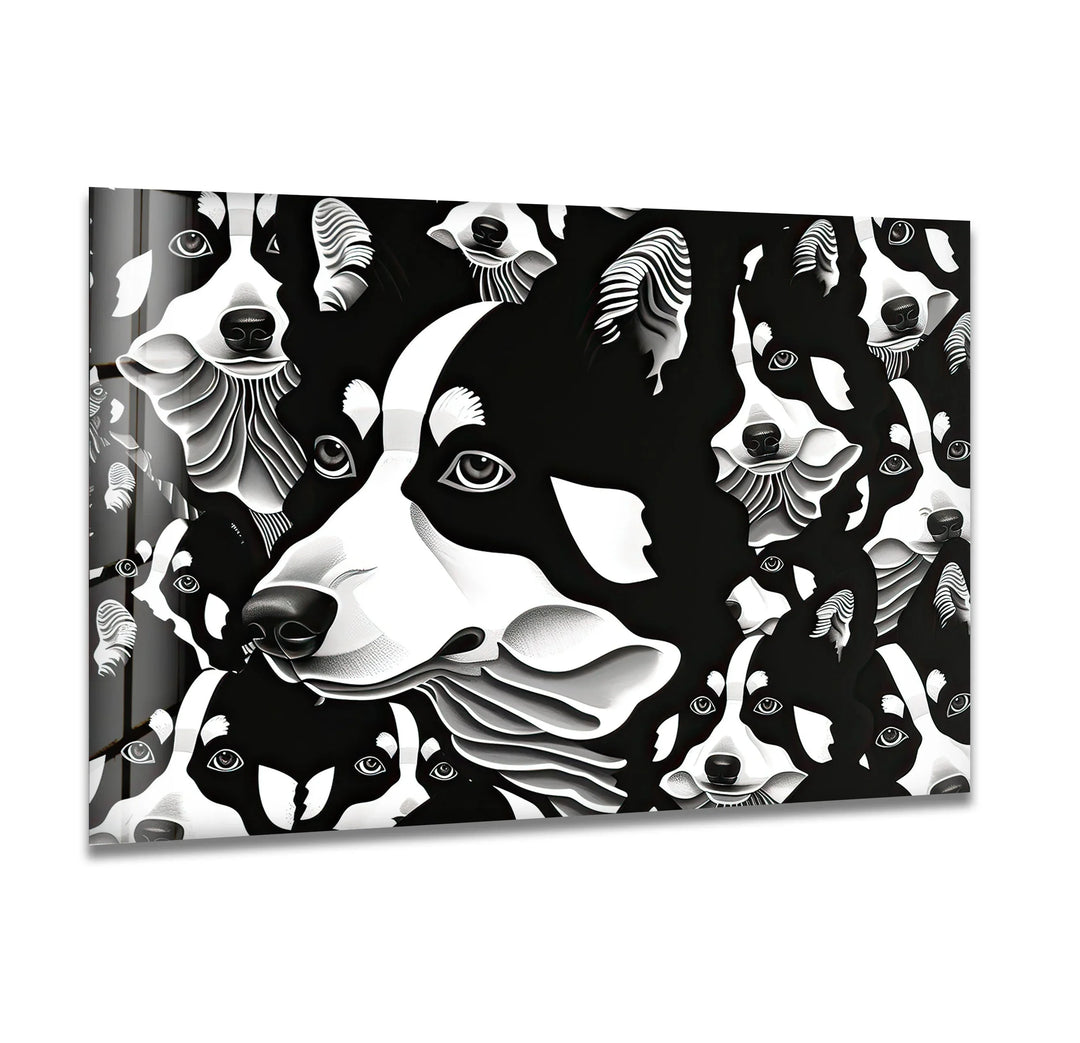 Black and white glass wall art featuring stylized husky faces with bold contrast and modern pet-themed design.
