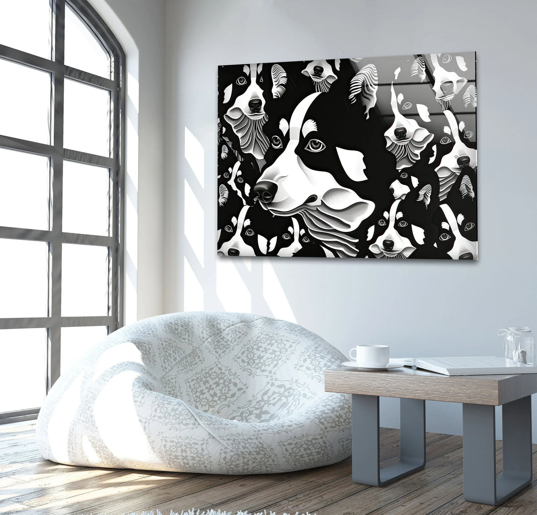 Escher Artistic husky composition in monochrome printed on glass, offering dramatic black and white wall art appeal.
