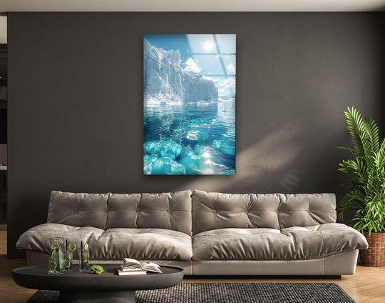 Smooth, reflective surface texture defines the Arctic Glacier glass wall art, displaying a unique modern wall decor piece capturing an icy landscape.