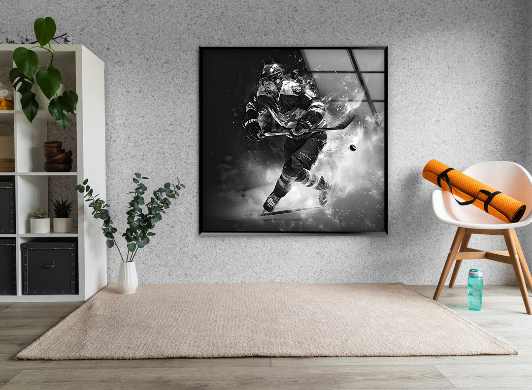 Intense sports artwork featuring hockey player with motion effects.