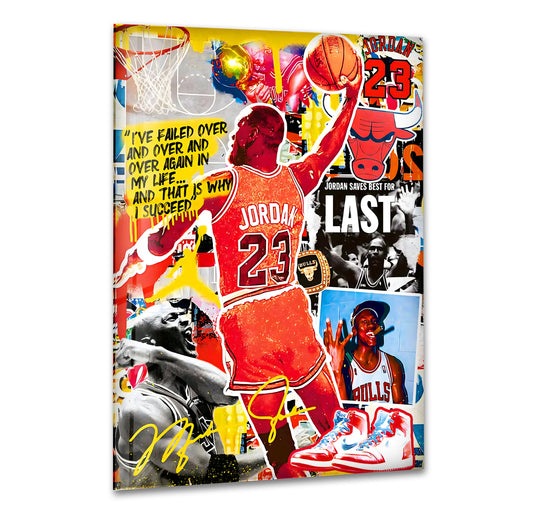 This Jordan 23 glass wall art is a sports themed decor featuring Michael Jordan and basketball graphics and is great basketball wall art for fans of greatness