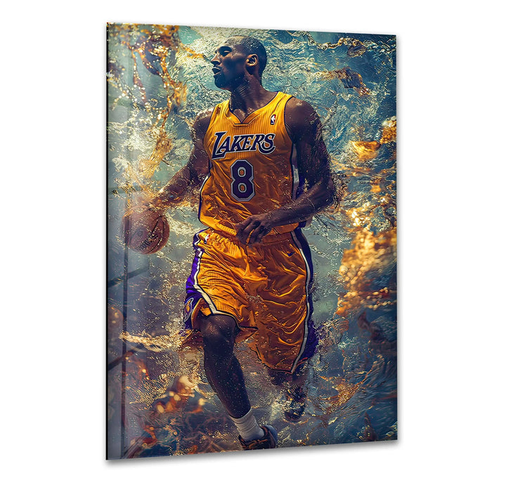Glass wall art of an iconic number 8 basketball athlete dribbling through abstract golden energy.-Kobe Bryant Basketball Player Glass Wall Art 
