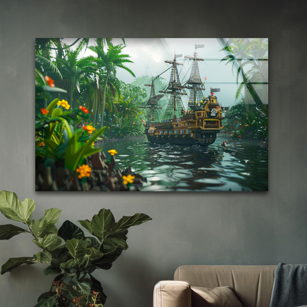 Stunning digital artwork of a pirate ship navigating a tropical river with dense palm trees.
