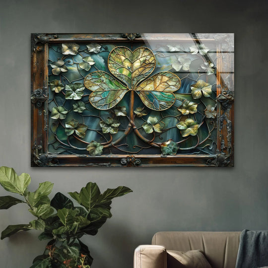 The rich contrast of emerald green and golden hues in this stained glass clover home decoration creates a striking focal point.