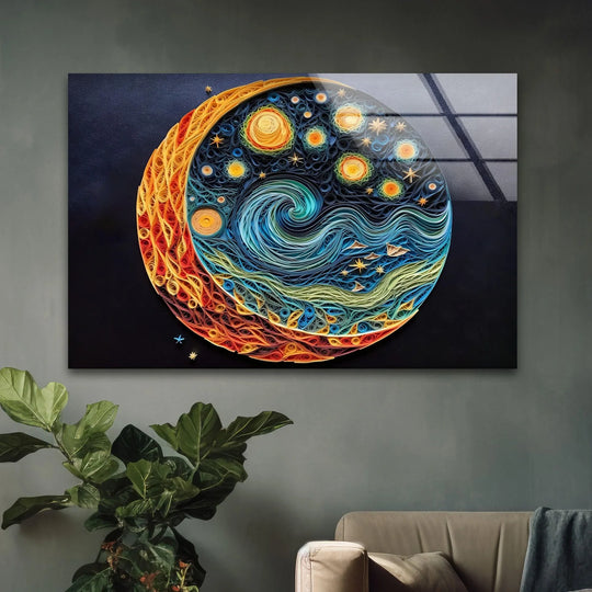 Geometric quilled swirls and circles form a celestial scene in this best glass art.