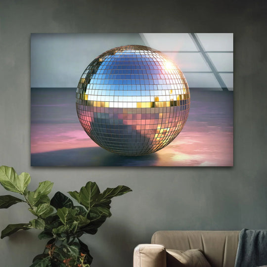 A radiant disco ball on a reflective surface embodies the abstract quality of this glass print wall art.