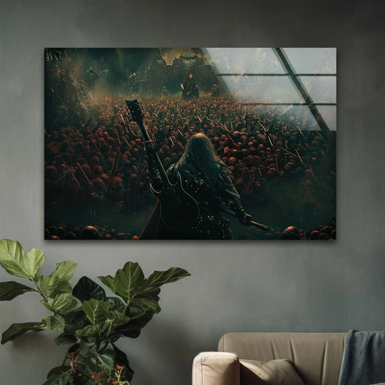 A dark, epic heavy metal music concert glass wall art featuring a massive crowd and a guitarist with soft, flowing hair.