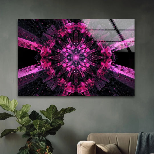 Intense magenta and deep violet hues blend seamlessly in this abstract glass wall art, creating a mesmerizing transition.