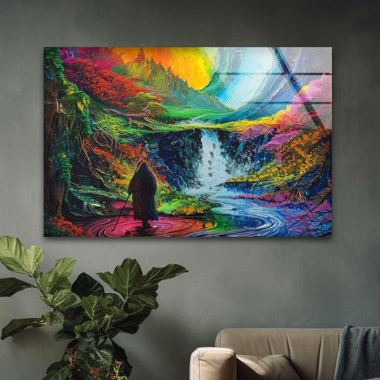 Vibrant glass wall art showcases a dazzling transition of colors from deep purples and reds to bright yellows and blues.