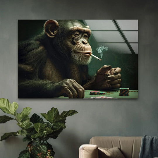 A chimpanzee smoking at a poker table with stacks of chips borders this cool home decor glass wall art.
