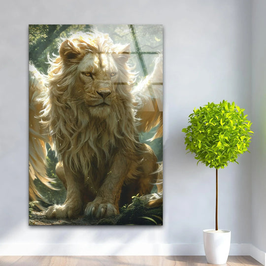 Striking glass wall art prints featuring a majestic winged lion, rendered with exceptional detail on durable, high-quality tempered glass.