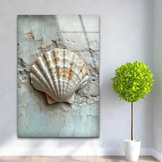 Serene oyster glass wall art evokes a tranquil coastal mood with its delicate shell detail.